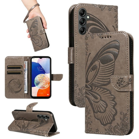 Dteck Pattern Case for Samsung Galaxy S24 Plus,Magnetic Leather Butterfly Floral Embossed Flip Case Card Slots Wallet Stand Cover with Wrist Strap for Galaxy S24+,Grey