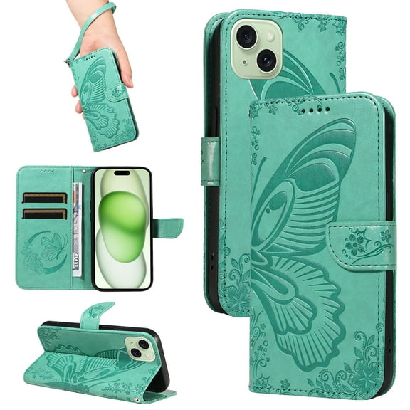 Dteck Pattern Case for iPhone 15,Magnetic Leather Butterfly Floral Embossed Flip Case Card Slots Wallet Stand Cover with Wrist Strap for iPhone 15,Green