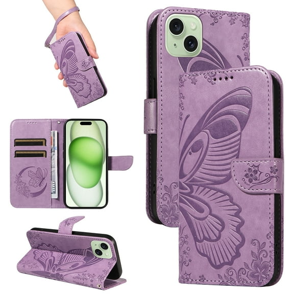 Dteck Pattern Case for iPhone 15,Magnetic Leather Butterfly Floral Embossed Flip Case Card Slots Wallet Stand Cover with Wrist Strap for iPhone 15,Purple