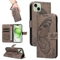 thumbnail image 1 of Dteck Pattern Case for iPhone 15 Plus,Magnetic Leather Butterfly Floral Embossed Flip Case Card Slots Wallet Stand Cover with Wrist Strap for iPhone 15 Plus,Grey, 1 of 7