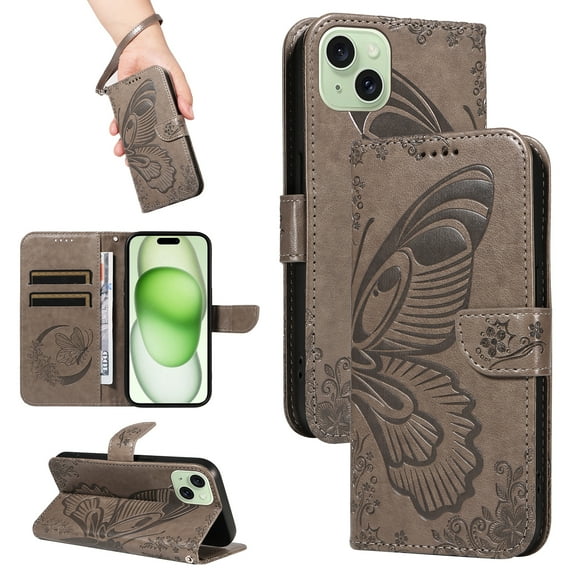 Dteck Pattern Case for iPhone 15 Plus,Magnetic Leather Butterfly Floral Embossed Flip Case Card Slots Wallet Stand Cover with Wrist Strap for iPhone 15 Plus,Grey