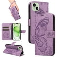 thumbnail image 1 of Dteck Pattern Case for iPhone 15 Plus,Magnetic Leather Butterfly Floral Embossed Flip Case Card Slots Wallet Stand Cover with Wrist Strap for iPhone 15 Plus,Purple, 1 of 7