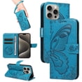thumbnail image 1 of Dteck Pattern Case for iPhone 15 Pro,Magnetic Leather Butterfly Floral Embossed Flip Case Card Slots Wallet Stand Cover with Wrist Strap for iPhone 15 Pro,Blue, 1 of 7