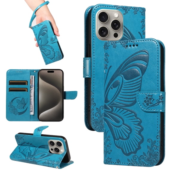 Dteck Pattern Case for iPhone 15 Pro,Magnetic Leather Butterfly Floral Embossed Flip Case Card Slots Wallet Stand Cover with Wrist Strap for iPhone 15 Pro,Blue