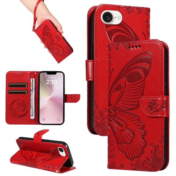 Dteck Pattern Case for iPhone SE4,Magnetic Leather Butterfly Floral Embossed Flip Case Card Slots Wallet Stand Cover with Wrist Strap for iPhone SE4,Red