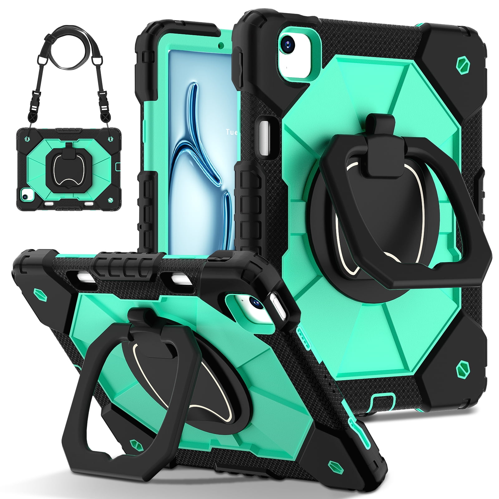 Dteck with Pencil Holder Case for iPad Air 13 inch 2025/2024,Heavy Duty Silicone Case 360 Degree Rotating Handle Stand Cover with Shoulder Strap for iPad Air 13-in. M3/M2,Black+Mint