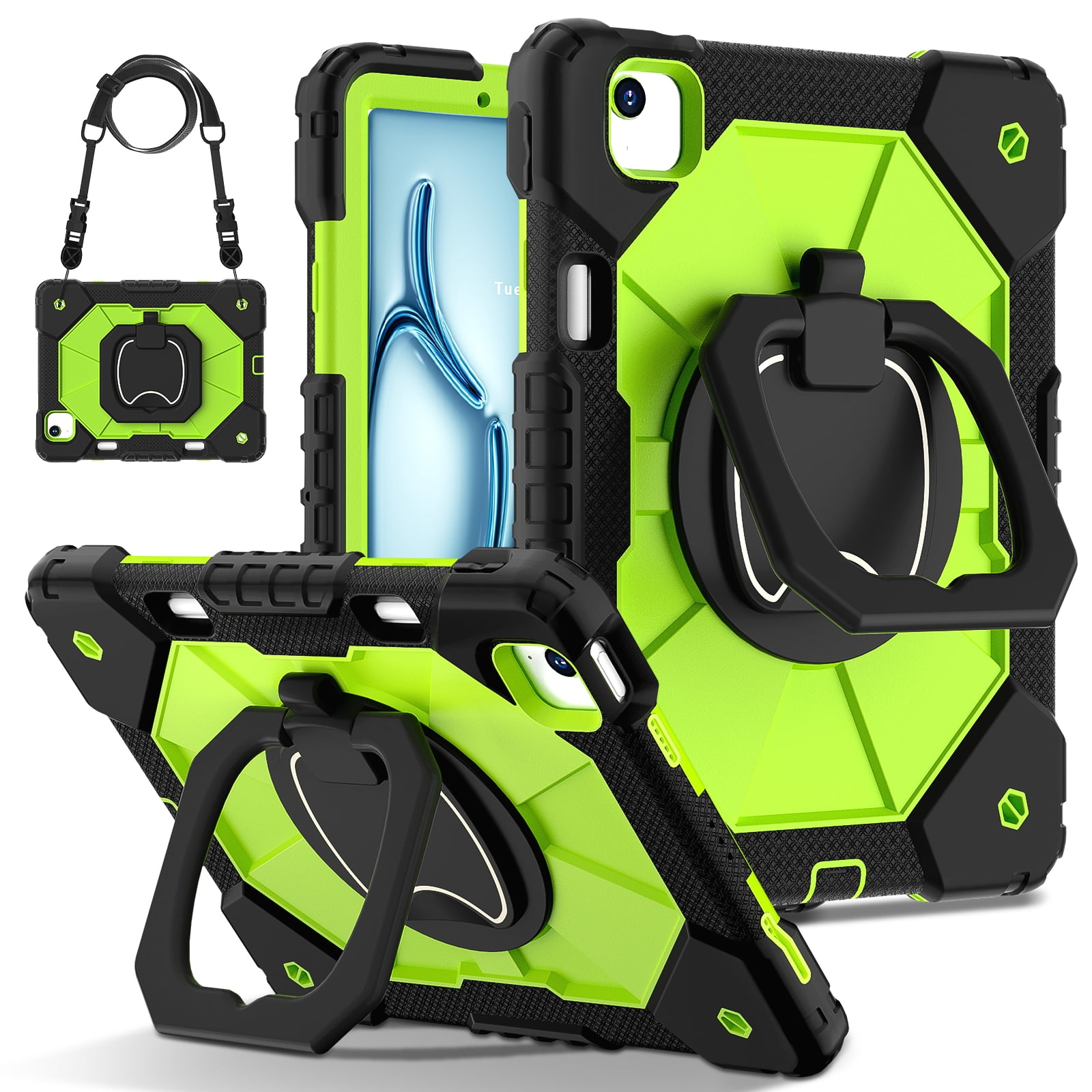 Dteck with Pencil Holder Case for iPad Air 13 inch 2025/2024,Heavy Duty Silicone Case 360 Degree Rotating Handle Stand Cover with Shoulder Strap for iPad Air 13-in. M3/M2,Black+Green