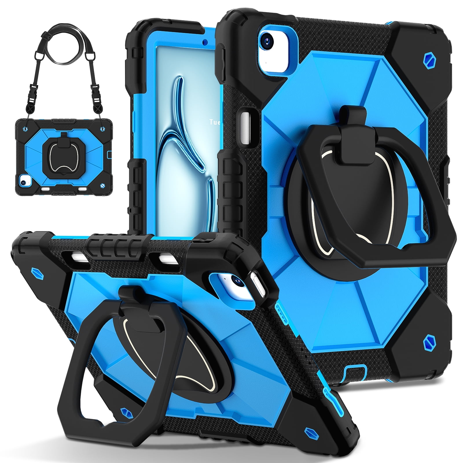 Dteck with Pencil Holder Case for iPad Air 13 inch 2025/2024,Heavy Duty Silicone Case 360 Degree Rotating Handle Stand Cover with Shoulder Strap for iPad Air 13-in. M3/M2,Black+Blue