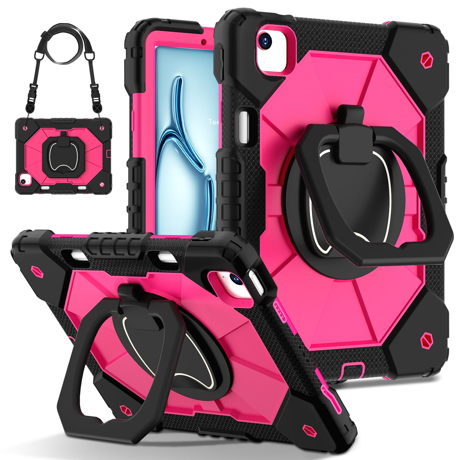 Dteck with Pencil Holder Case for iPad Air 13 inch 2025/2024,Heavy Duty Silicone Case 360 Degree Rotating Handle Stand Cover with Shoulder Strap for iPad Air 13-in. M3/M2,Black+Rose