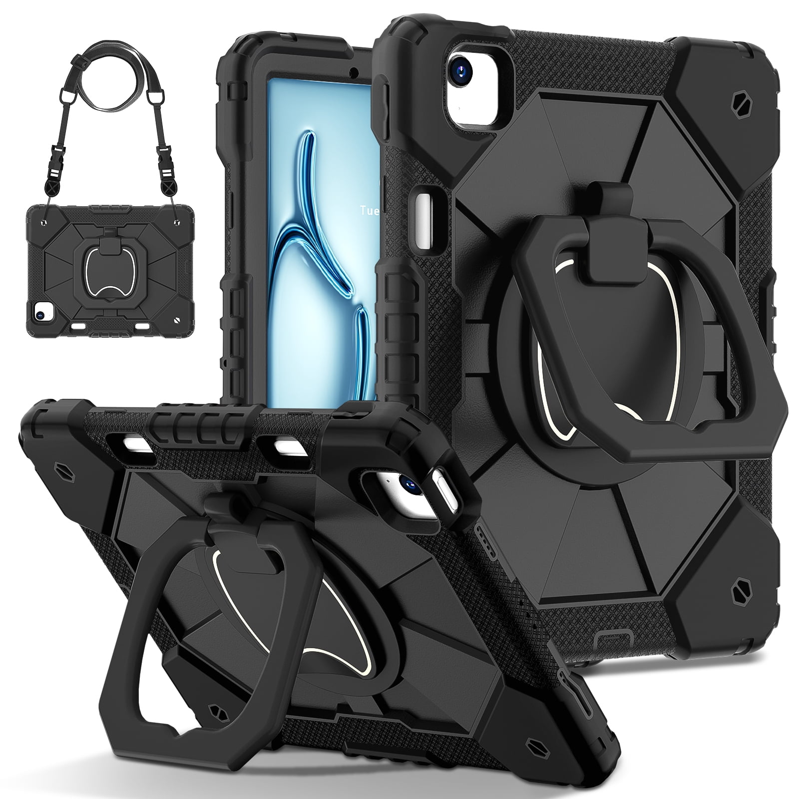 Dteck with Pencil Holder Case for iPad Air 13 inch 2025/2024,Heavy Duty Silicone Case 360 Degree Rotating Handle Stand Cover with Shoulder Strap for iPad Air 13-in. M3/M2,Black