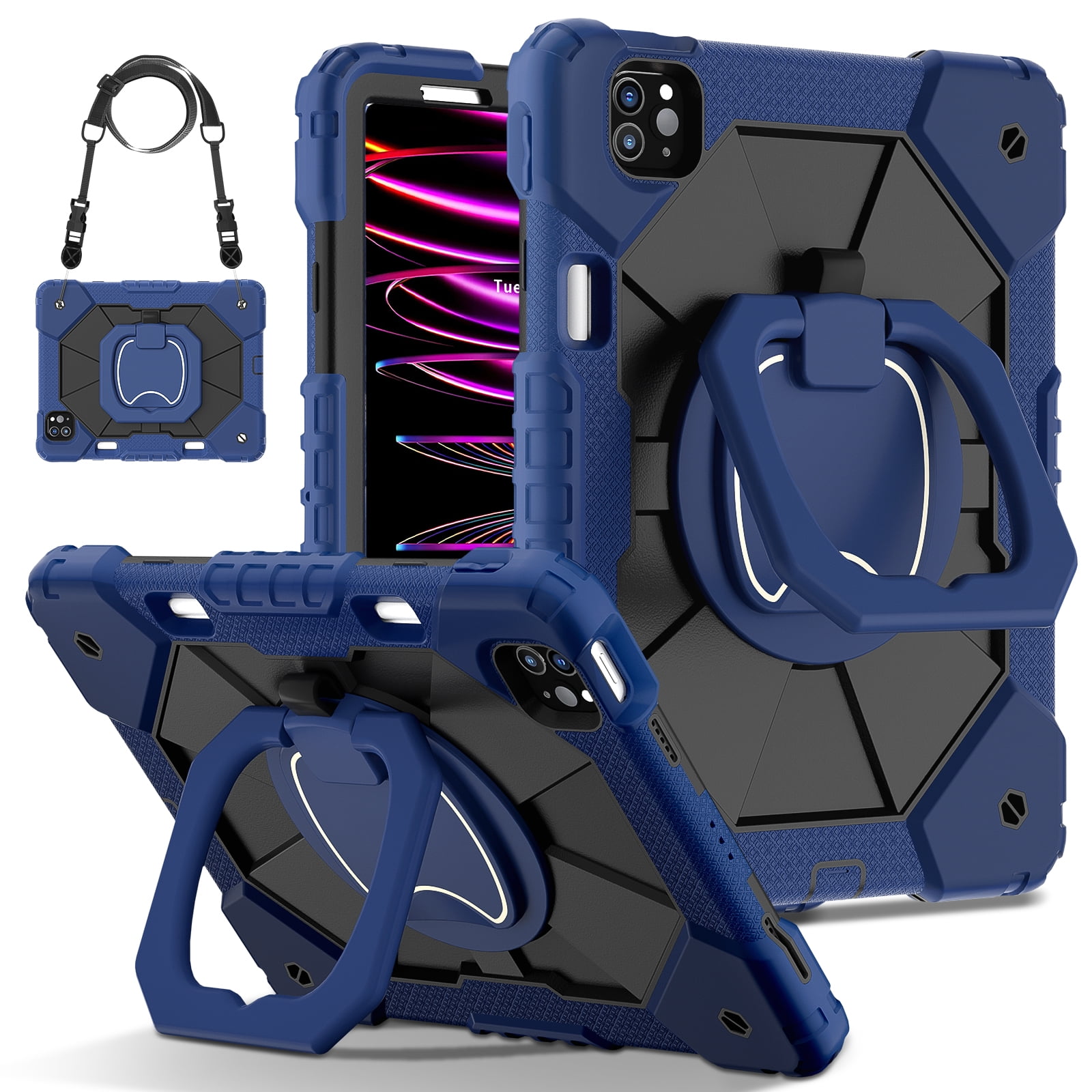 Dteck with Pencil Holder Case for iPad Pro 11-inch 4th 3rd 2nd 1st Gen,iPad Air 5th/4th Generation Heavy Duty Silicone Case 360 Degree Rotating Handle Stand Cover with Shoulder Strap,Navy+Black