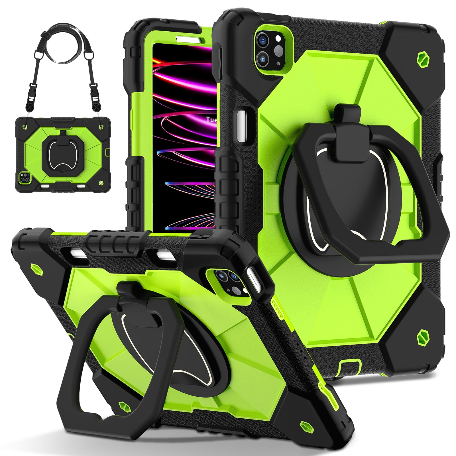 Dteck with Pencil Holder Case for iPad Pro 11-inch 4th 3rd 2nd 1st Gen,iPad Air 5th/4th Generation Heavy Duty Silicone Case 360 Degree Rotating Handle Stand Cover with Shoulder Strap,Black+Green