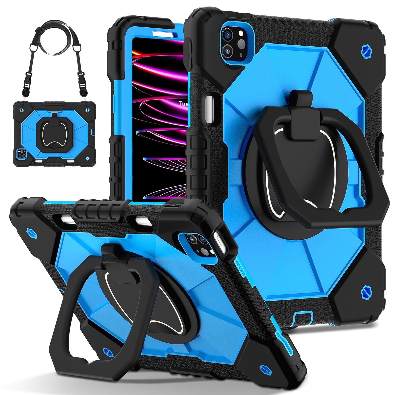 Dteck with Pencil Holder Case for iPad Pro 11-inch 4th 3rd 2nd 1st Gen,iPad Air 5th/4th Generation Heavy Duty Silicone Case 360 Degree Rotating Handle Stand Cover with Shoulder Strap,Black+Blue