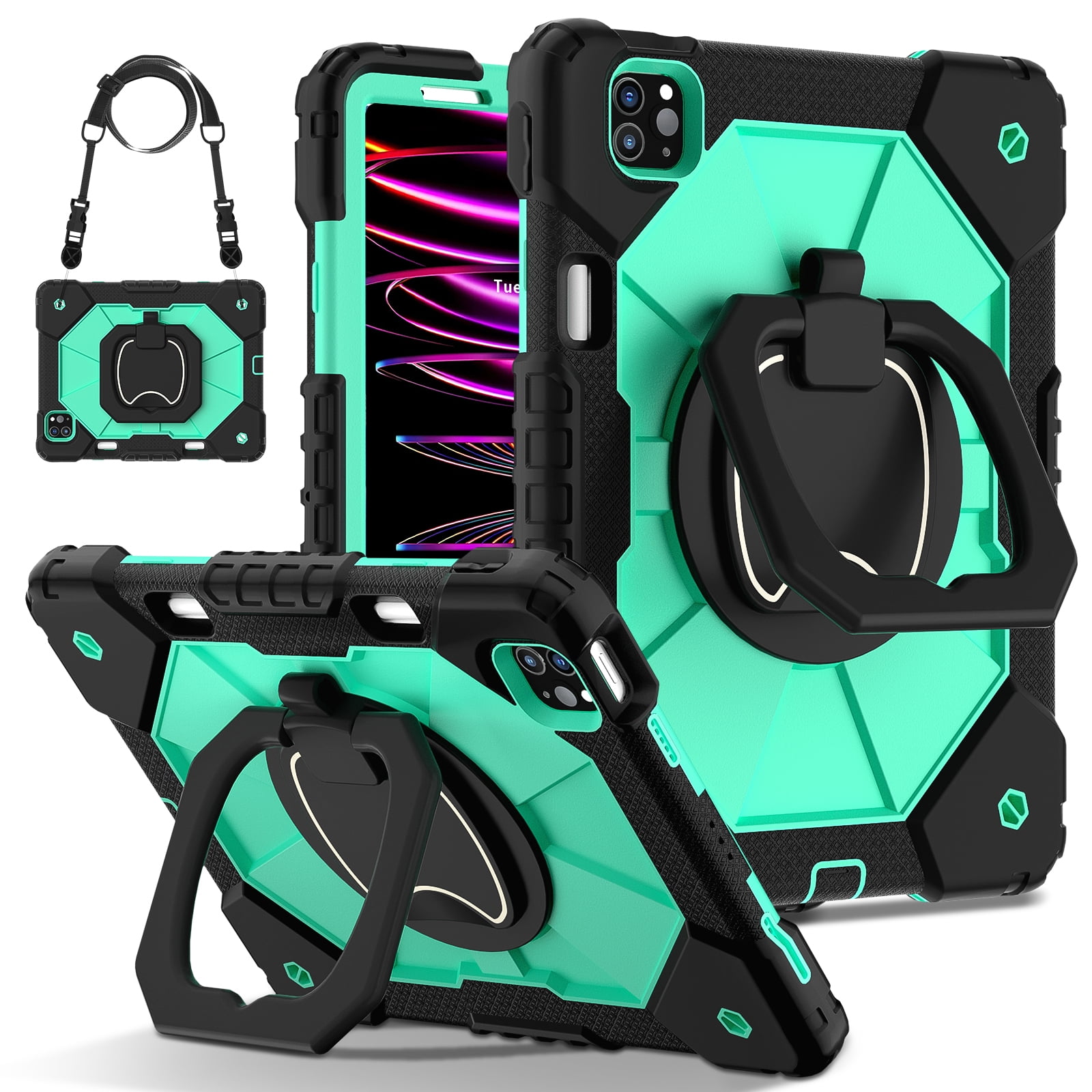 Dteck with Pencil Holder Case for iPad Pro 11-inch 4th 3rd 2nd 1st Gen,iPad Air 5th/4th Generation Heavy Duty Silicone Case 360 Degree Rotating Handle Stand Cover with Shoulder Strap,Black+Mint