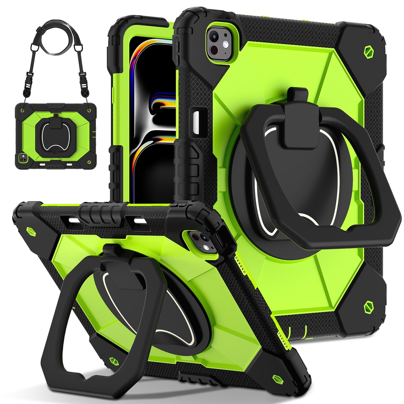 Dteck with Pencil Holder Case for iPad Pro 13 inch 2024,Heavy Duty Silicone Case 360 Degree Rotating Handle Stand Cover with Shoulder Strap for iPad Pro 13-in. (M4) ,Black+Green