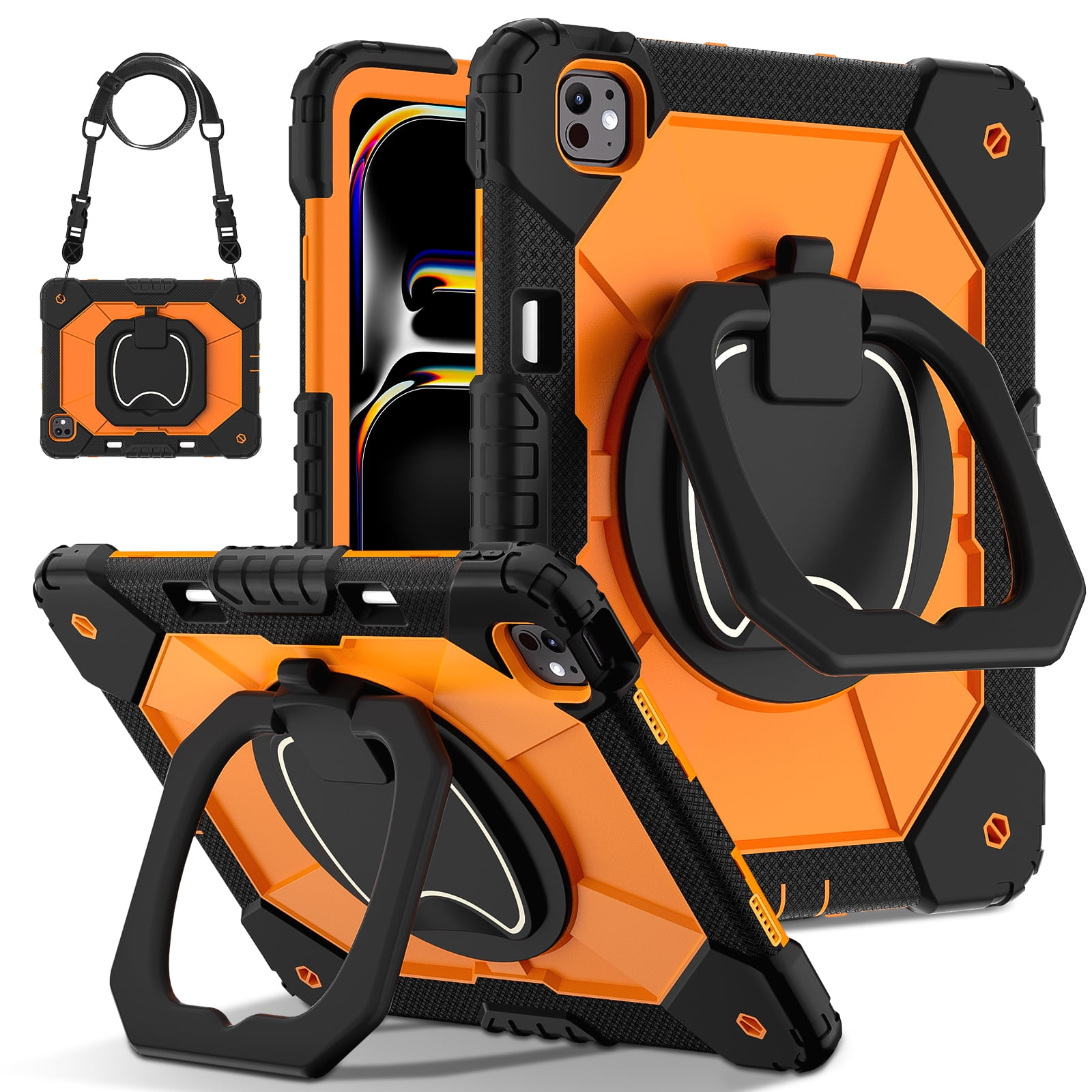 Dteck with Pencil Holder Case for iPad Pro 13 inch 2024,Heavy Duty Silicone Case 360 Degree Rotating Handle Stand Cover with Shoulder Strap for iPad Pro 13-in. (M4) ,Black+Orange