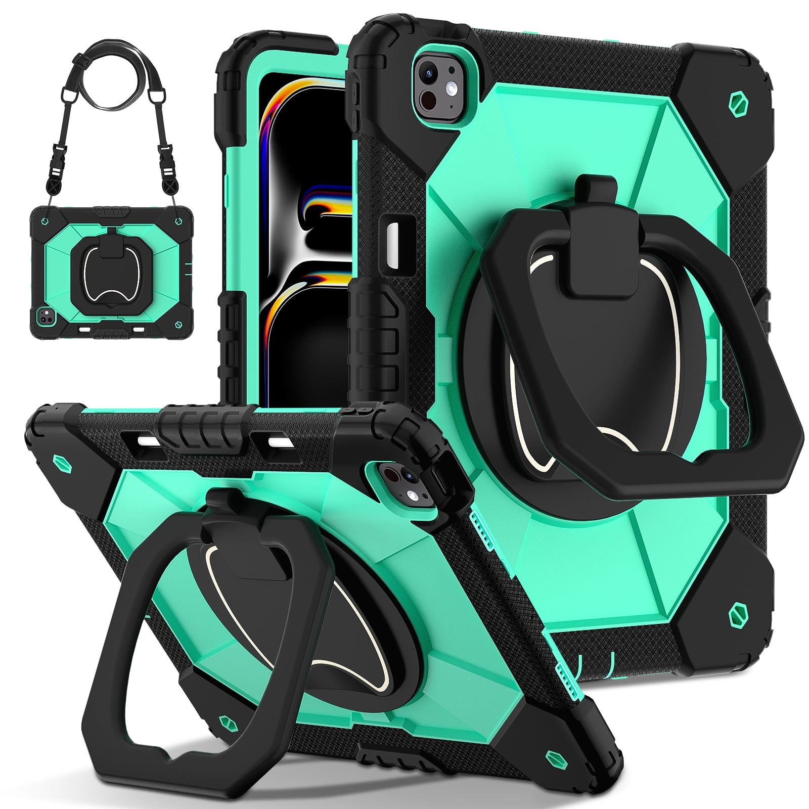 Dteck with Pencil Holder Case for iPad Pro 13 inch 2024,Heavy Duty Silicone Case 360 Degree Rotating Handle Stand Cover with Shoulder Strap for iPad Pro 13-in. (M4) ,Black+Mint