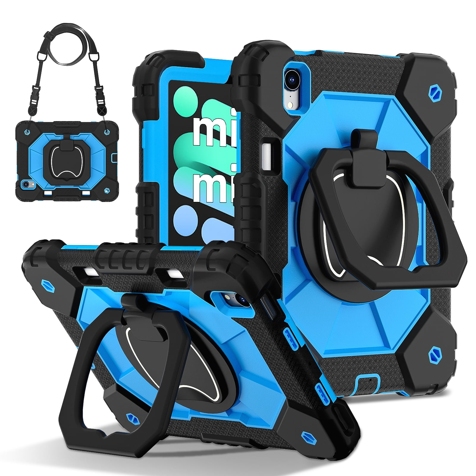 Dteck with Pencil Holder Case for mini A17 Pro 2024,iPad mini 6th Generation 8.3 inch Heavy Duty Silicone Case 360 Degree Rotating Handle Stand Cover with Shoulder Strap,Black+Blue