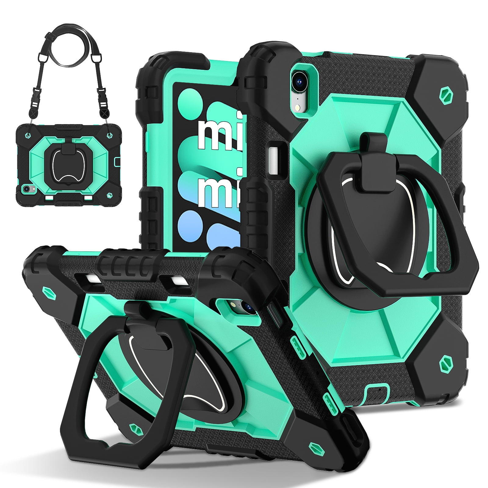 Dteck with Pencil Holder Case for mini A17 Pro 2024,iPad mini 6th Generation 8.3 inch Heavy Duty Silicone Case 360 Degree Rotating Handle Stand Cover with Shoulder Strap,Black+Mint