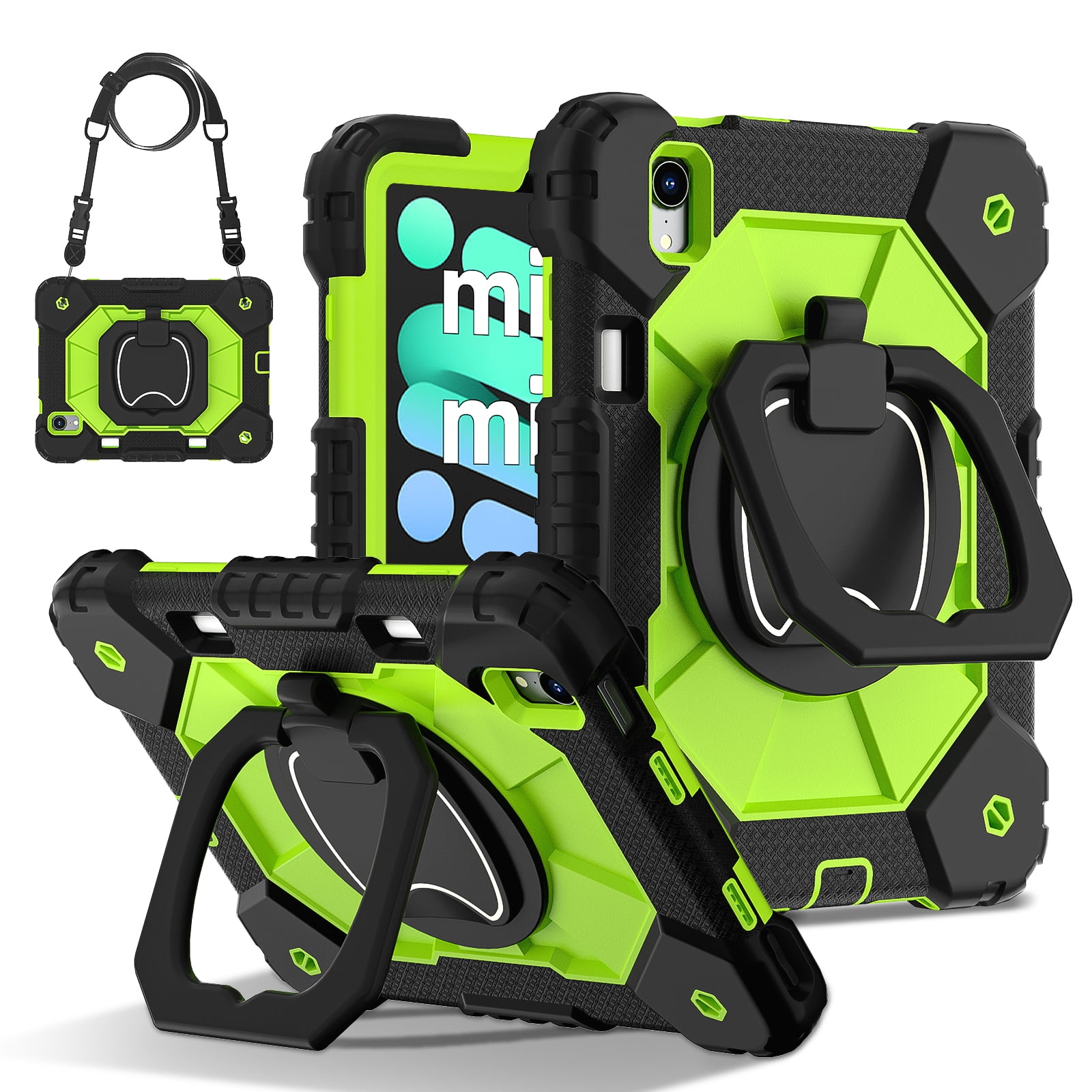 Dteck with Pencil Holder Case for mini A17 Pro 2024,iPad mini 6th Generation 8.3 inch Heavy Duty Silicone Case 360 Degree Rotating Handle Stand Cover with Shoulder Strap,Black+Green