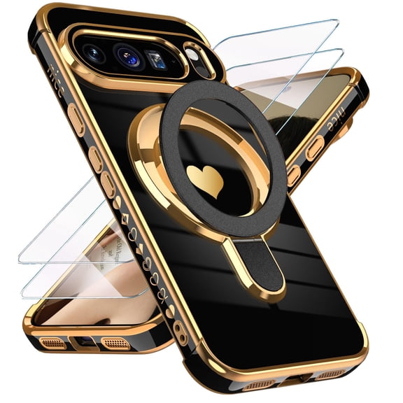 Dteck Phone Case for Google Pixel 10 /10 Pro with 2 Pack Tempered Glass Screen Protectors, Gold Plated Heart Design, TPU Protective Cover with Ring Kickstand and Camera Protection, Black