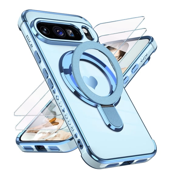 Dteck Phone Case for Google Pixel 10 Pro XL with 2 Pack Tempered Glass Screen Protectors, Gold Plated Heart Design, TPU Protective Cover with Ring Kickstand and Camera Protection, Blue