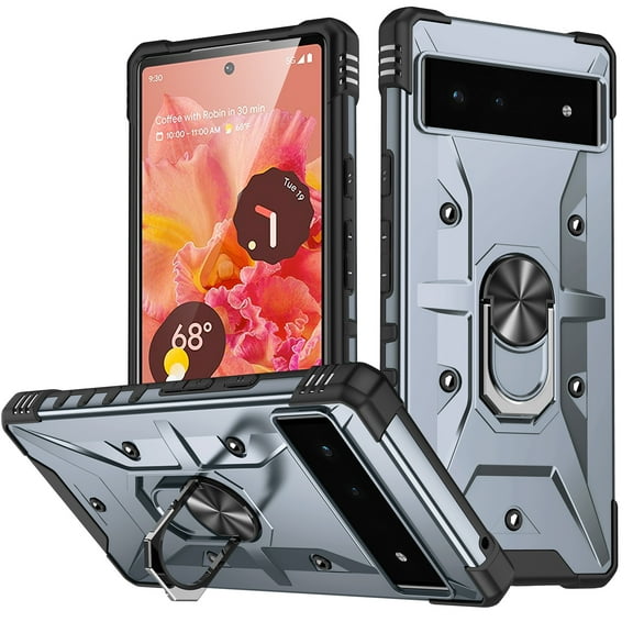 Dteck Phone Case for Google Pixel 7 Heavy Duty Rugged Full Body Shockproof Protection Built-in Finger Ring Kickstand Military Armor Scratch Proof Bumper Hard Back Cover, Gray