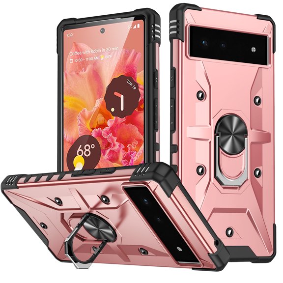 Dteck Phone Case for Google Pixel 7 Pro Heavy Duty Rugged Full Body Shockproof Protection Built-in Finger Ring Kickstand Military Armor Scratch Proof Bumper Hard Back Cover, Rosegold