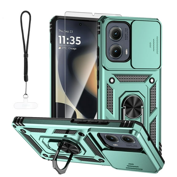 Dteck Phone Case For Motorola Edge (2024) with HD Screen Protector, Shockproof Slide Lens Magnetic Rotated Ring Kickstand Hybrid Hard Phone Case with Hand Strap, Darkgreen
