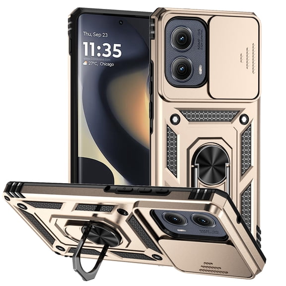 Dteck Phone Case for Motorola Moto G Edge 2024 Case, Magnetic Slide Lens Cover Shockproof Ring Kickstand Military Grade Phone Case for Moto G Edge 2024, Gold