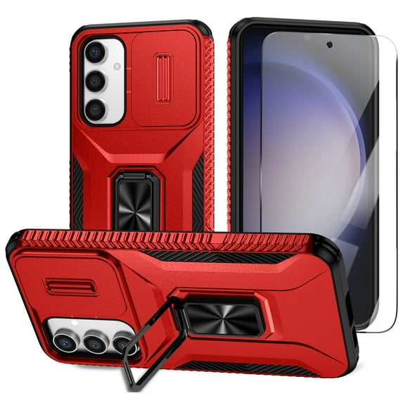 Dteck Phone Case for Samsung Galaxy S23 FE, Military Grade Samsung Galaxy S23 FE 5G Case with Screen Protector with Slide Camera Protector Cover, Built-in Magnetic Ring Kickstand,Red