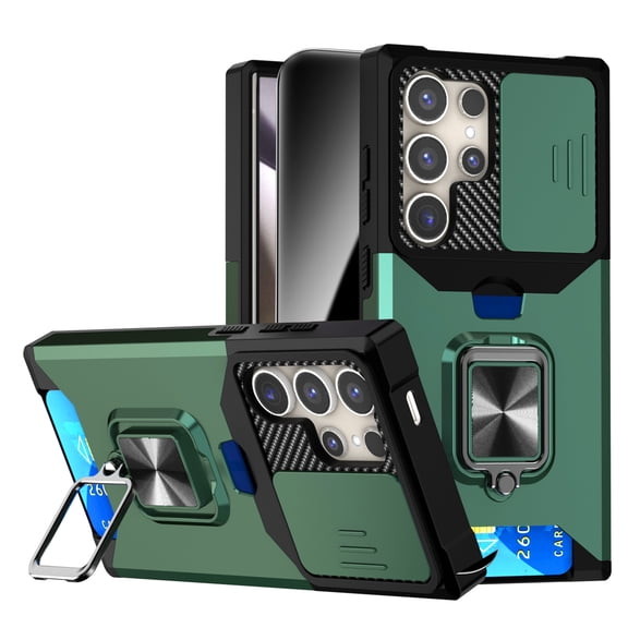 Dteck Phone Case for Samsung Galaxy S26 Ultra with Privacy Screen Protector, Shockproof Slide Lens Protection Back Wallet Card Holder Ring Kickstand Hard PC TPU Protective Cover, Darkgreen