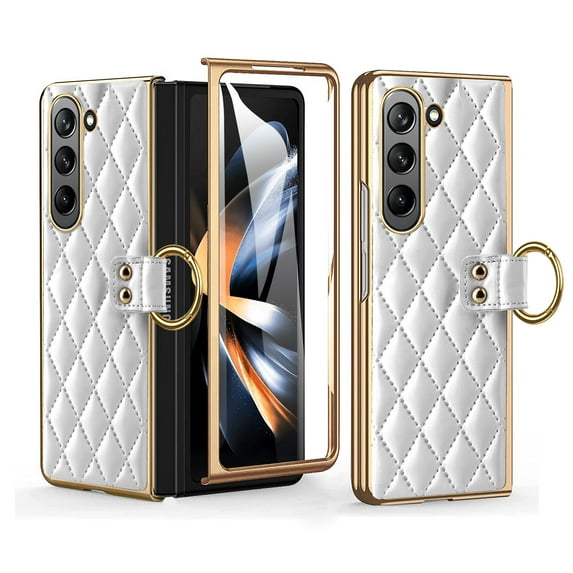 Dteck Phone Case for Samsung Galaxy Z Fold 5 5G 2023, with Ring Holder Stand Slim Shockproof Shell Anti-Fingerprint Rugged PU Leather Protective Cover,White