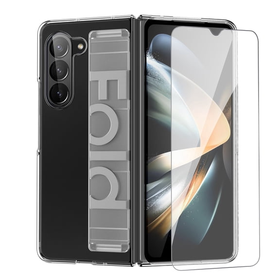 Dteck Phone Case for Samsung Galaxy Z Fold 7 5G 2025 with Tempered Glass Screen Protector Wrist Strap Rugged TPU Anti-Slip Slim Thin Hoder Stand Cover for Women Men, Clear