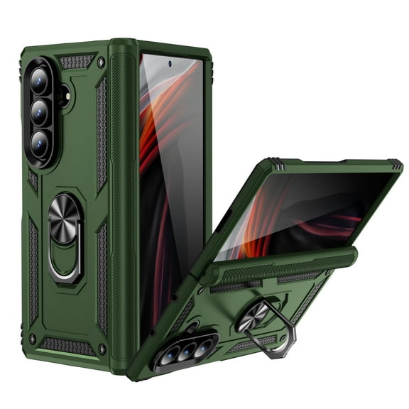 Dteck Phone Case for Samsung Galaxy Z Fold 7 Heavy Duty with Metal Ring Stand & Hinge Protection, Magnetic Silicone&PC Rugged Military Grade Shockproof Cover for Men Boys, Armygreen