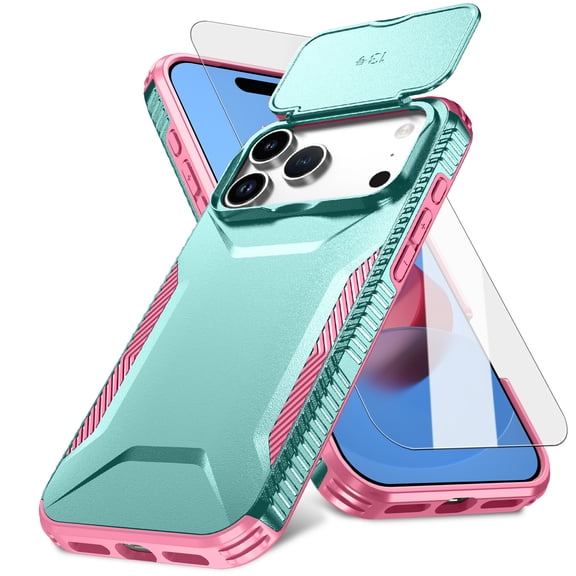 Dteck Phone Case for iPhone 17 Pro Max with Tempered Glass Screen Protector, Shockproof Slide Lens Protection Cover Slim Rugged Hybrid Protective Hard Women Men, Green