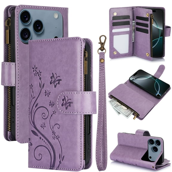 Dteck Phone Case for iPhone 17 Pro Max Wallet Cell Cover, Zipper Wallet Wrist Lanyard Strap Embossed Flower Flip Card Holder Slot Stand Women Girls Men, Purple