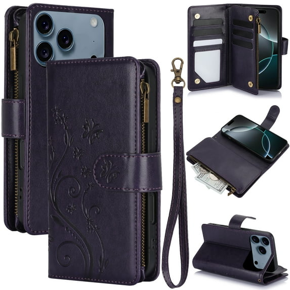 Dteck Phone Case for iPhone 17 Wallet Cell Cover, Zipper Wallet Wrist Lanyard Strap Embossed Flower Flip Card Holder Slot Stand Women Girls Men, Darkpurple
