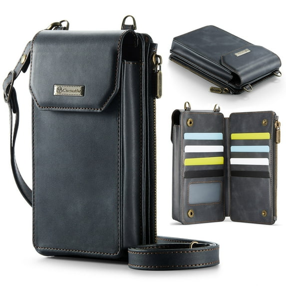 Dteck Phone Wallet Bag with Large Capacity Card Slots Cash Zipper Pocket, RFID Blocking Hand Strap and Crossbody Shoulder,Black