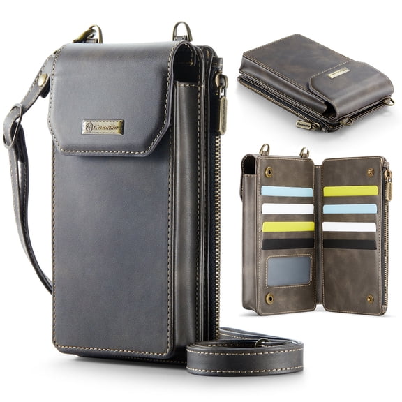 Dteck Phone Wallet Bag with Large Capacity Card Slots Cash Zipper Pocket, RFID Blocking Hand Strap and Crossbody Shoulder,Coffee