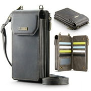 Dteck Phone Wallet Bag with Large Capacity Card Slots Cash Zipper Pocket, RFID Blocking Hand Strap and Crossbody Shoulder,Coffee