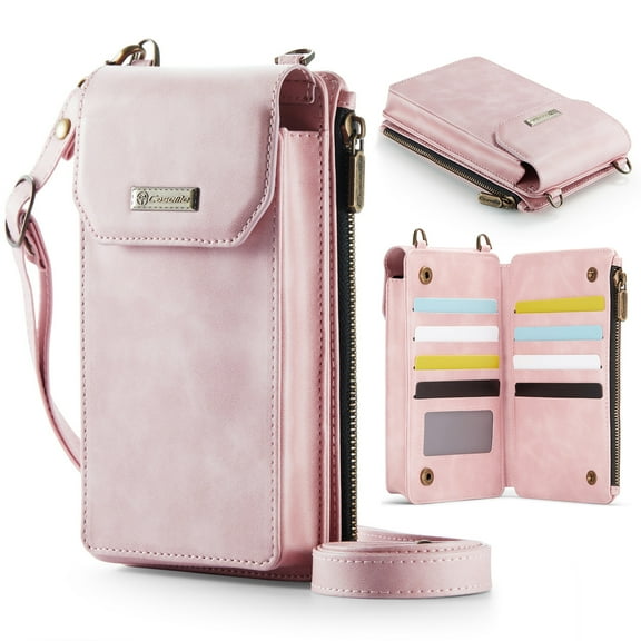 Dteck Phone Wallet Bag with Large Capacity Card Slots Cash Zipper Pocket, RFID Blocking Hand Strap and Crossbody Shoulder,Pink