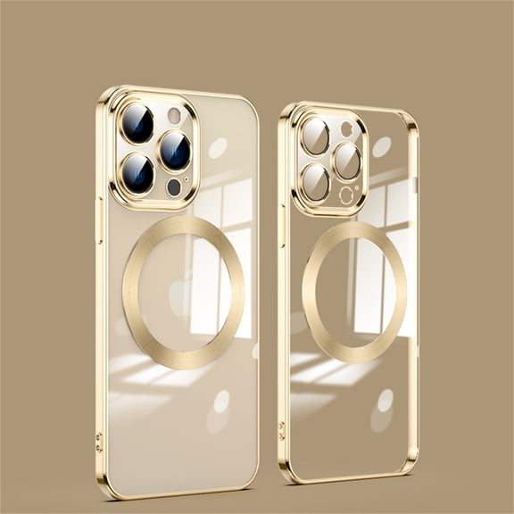 Dteck Plating Case for iPhone 14 Pro Max, Shockproof Clear Back Magnetic Magsafe Support Wireless Charging Slim Len Protection Cover, Gold