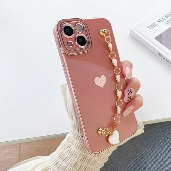 Dteck Plating iPhone Xs Case / iPhone X Case for Women & Girls with Love-Heart Strap Bracelet Chain Soft Flexible Glossy TPU Bumper Protective Phone Cases for iPhone XS/X, Pink