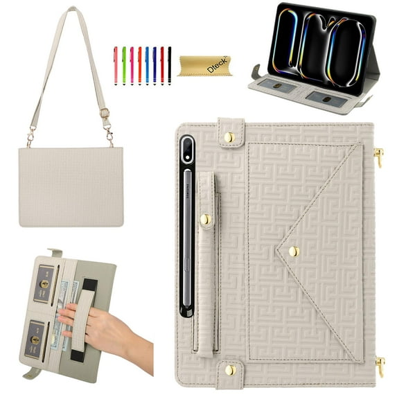 Dteck Portfolio Bag for Samsung Galaxy Tab S9+ Plus/S8+Plus/S7+ Plus/S7 FE 12.4-inch Tablet Case, Crossbody Business Folio Stand Case with S Pen Holder/Card Slots/Thin Pocket/Hand Strap,Beige