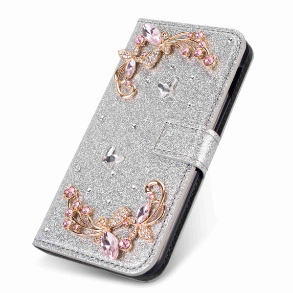 Dteck Premium Flip PU Leather Bling Glitter Diamond Wallet Card Slots Case Cover Flower,For Samsung Galaxy S10 Plus,silver