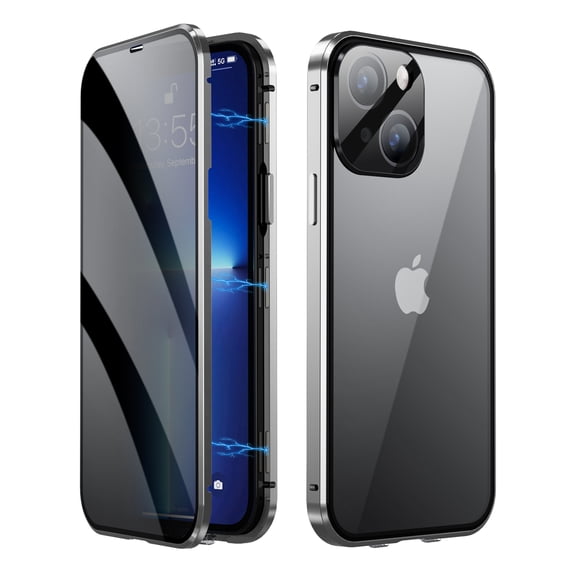 Dteck Privacy Magnetic Case for iPhone 13, One-piece Molded Camera Protector+Safety Lock Electroplated Metal Frame Anti-Peep Double Sided Case for iPhone 13,Silver
