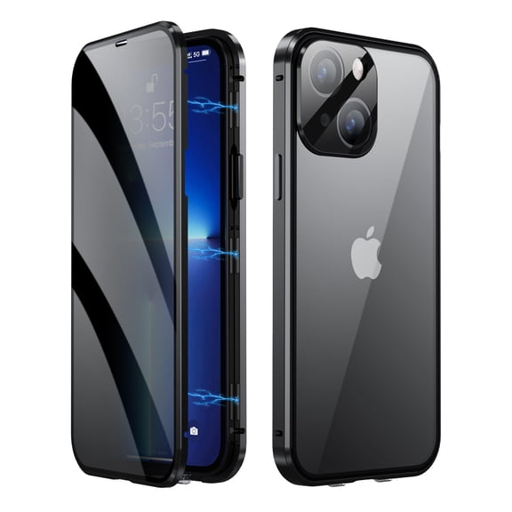 Dteck Privacy Magnetic Case for iPhone 14, One-piece Molded Camera Protector+Safety Lock Electroplated Metal Frame Anti-Peep Double Sided Case for iPhone 14,Black