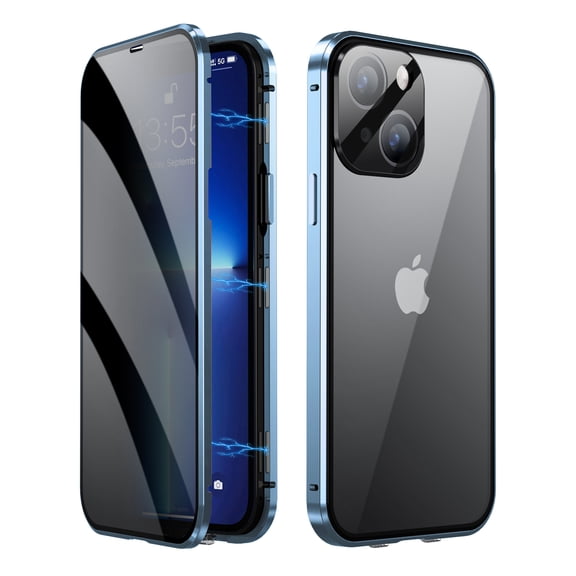 Dteck Privacy Magnetic Case for iPhone 14 Plus, One-piece Molded Camera Protector+Safety Lock Electroplated Metal Frame Anti-Peep Double Sided Case for iPhone 14 Plus,Blue