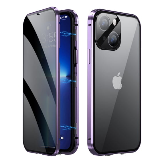 Dteck Privacy Magnetic Case for iPhone 15, One-piece Molded Camera Protector+Safety Lock Electroplated Metal Frame Anti-Peep Double Sided Case for iPhone 15,Purple